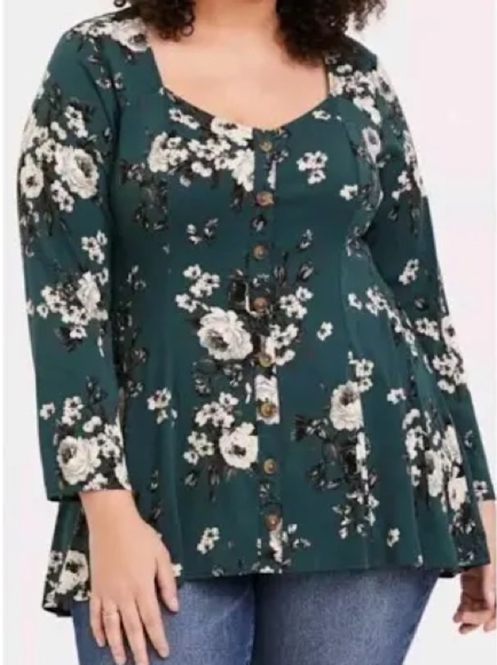 Torrid Fit and Flare Challis Button Up Top Dark Green White Floral 1X Blouse